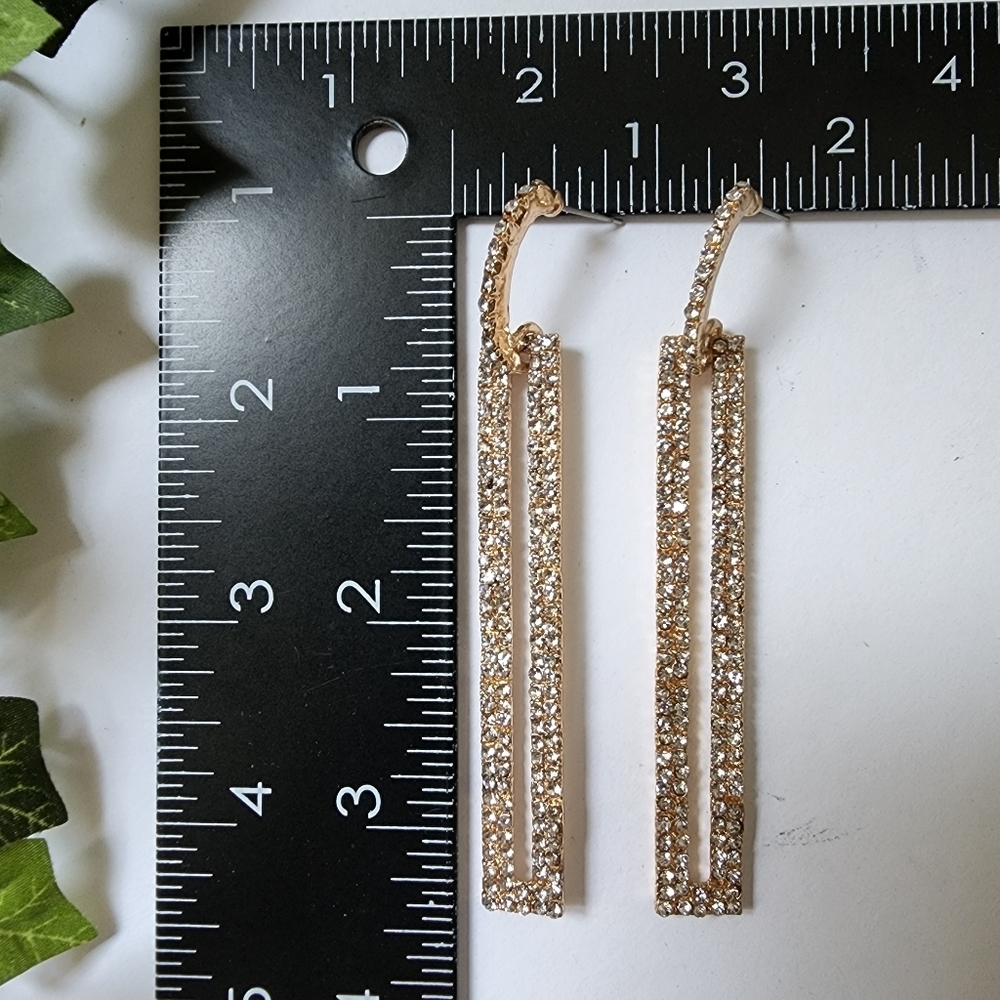 Gold Crystal Long Geometric Needle Bar Drop Earrings - Picture 6 of 6